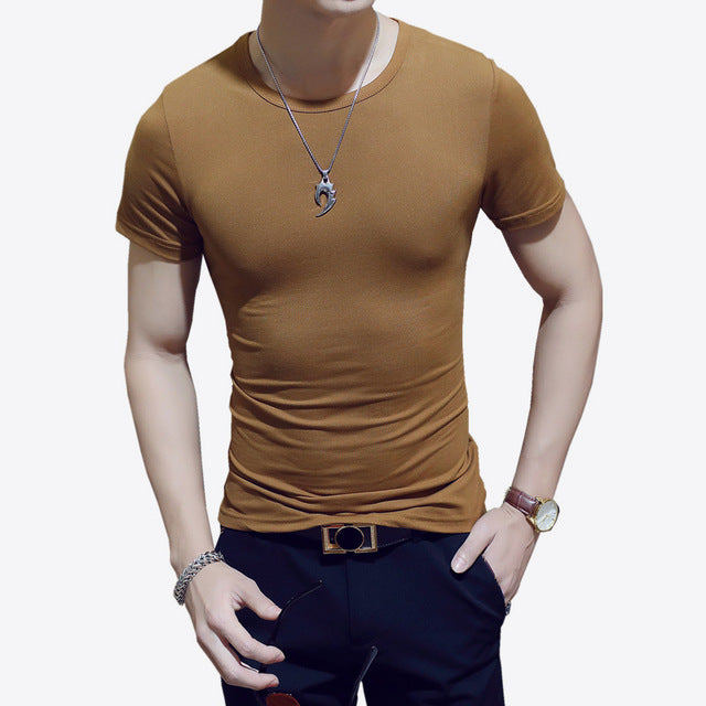 LLYGE Camiseta masculina de manga curta, gola redonda, casual, verão, cor sólida, algodão, slim fit, camisetas masculinas, estilo básico, fitness, camiseta masculina