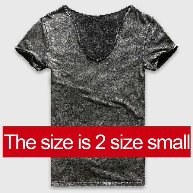 Zecmos Vintage Black T-Shirt Men China Size Fashion Heavy Washed T Shirts For Men Slim Fit V Neck Top Tees Male Short Sleeve