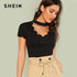 Shein preto elegante mock neck vieira guarnição corte v colarinho manga curta sólida camiseta verão feminino fim de semana casual camiseta topo