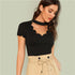 Shein preto elegante mock neck vieira guarnição corte v colarinho manga curta sólida camiseta verão feminino fim de semana casual camiseta topo