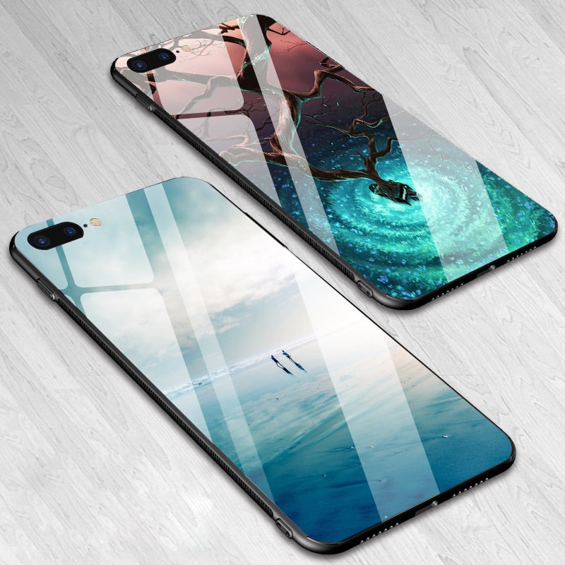 IIOZO Luxury Tempered Glass Case For iPhone 7 8 7 plus Scenery Full Protection Glass Hard Back Cover For iPhone 7 6 6S Plus