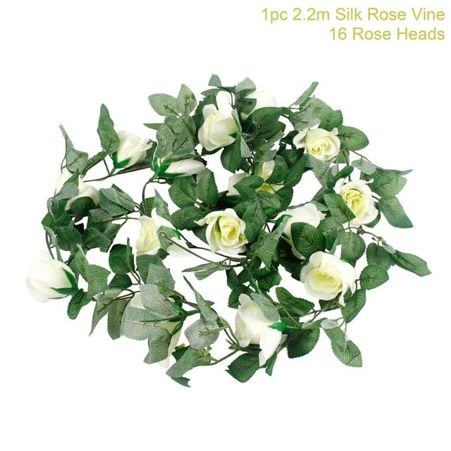 FENGRISE 2.4M/lot Silk Rose Flower With Ivy Vine Artificial Flowers for Home Wedding Decor Decorative Artificial Flower Garland