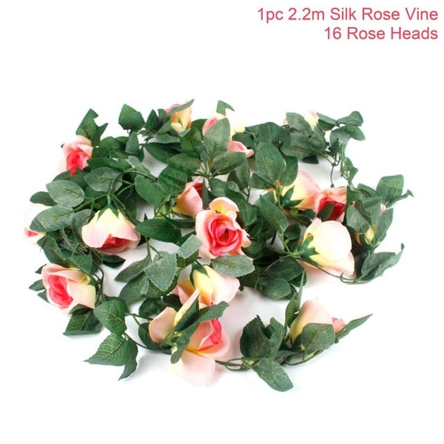 FENGRISE 2.4M/lot Silk Rose Flower With Ivy Vine Artificial Flowers for Home Wedding Decor Decorative Artificial Flower Garland