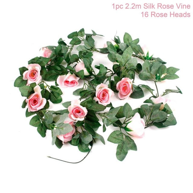 FENGRISE 2.4M/lot Silk Rose Flower With Ivy Vine Artificial Flowers for Home Wedding Decor Decorative Artificial Flower Garland