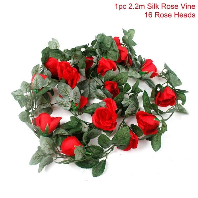 FENGRISE 2.4M/lot Silk Rose Flower With Ivy Vine Artificial Flowers for Home Wedding Decor Decorative Artificial Flower Garland