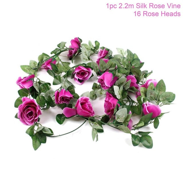 FENGRISE 2.4M/lot Silk Rose Flower With Ivy Vine Artificial Flowers for Home Wedding Decor Decorative Artificial Flower Garland