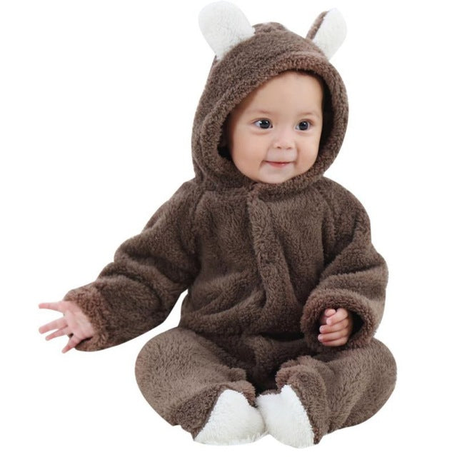 Primavera outono roupas de bebê flanela roupas do bebê menino dos desenhos animados animal 3d urso orelha macacão quente recém-nascido infantil macacão