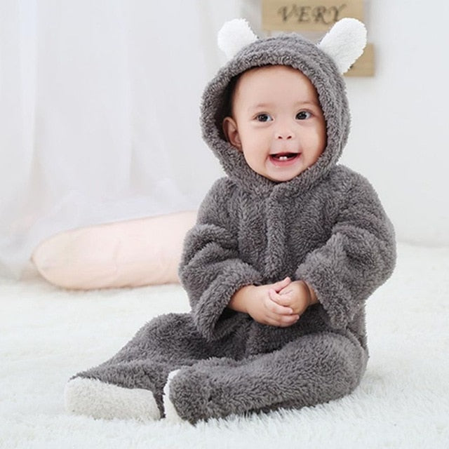 Spring Autumn Baby Clothes Flannel Baby Boy Clothes Cartoon Animal 3D Bear Ear Romper Jumpsuit Warm Newborn Infant Romper