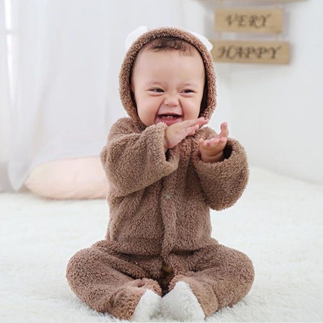 Spring Autumn Baby Clothes Flannel Baby Boy Clothes Cartoon Animal 3D Bear Ear Romper Jumpsuit Warm Newborn Infant Romper