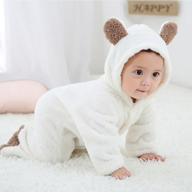 Primavera outono roupas de bebê flanela roupas do bebê menino dos desenhos animados animal 3d urso orelha macacão quente recém-nascido infantil macacão