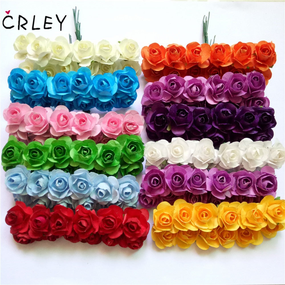 CRLEY 12 قطعة زهرة وردية صغيرة مصغرة زهرة اصطناعية زينة لحفلات الزفاف لتقوم بها بنفسك إكليل قصاصات الزهور الحرفية المزيفة
