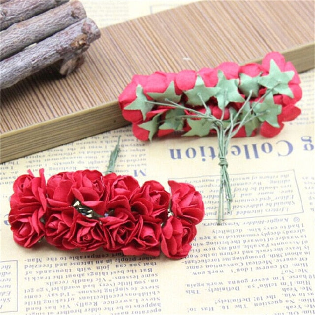 CRLEY 12pcs mini miniature rose flower artificial flower wedding decoration DIY wreath Scrapbooking Craft fake flowers