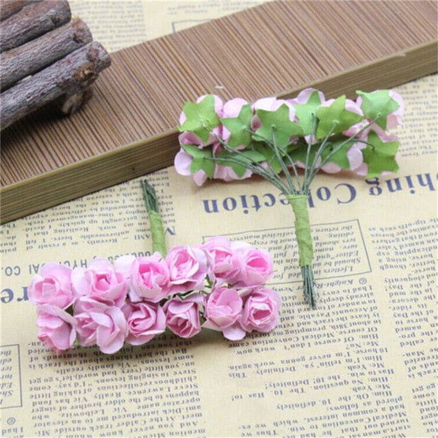 CRLEY 12pcs mini miniature rose flower artificial flower wedding decoration DIY wreath Scrapbooking Craft fake flowers