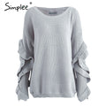 Simplee Ruffle knitted sweater women pullover female Casual loose round neck winter sweater Autumn pull femme knit jumper