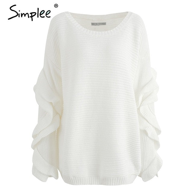 Simplee Ruffle knitted sweater women pullover female Casual loose round neck winter sweater Autumn pull femme knit jumper