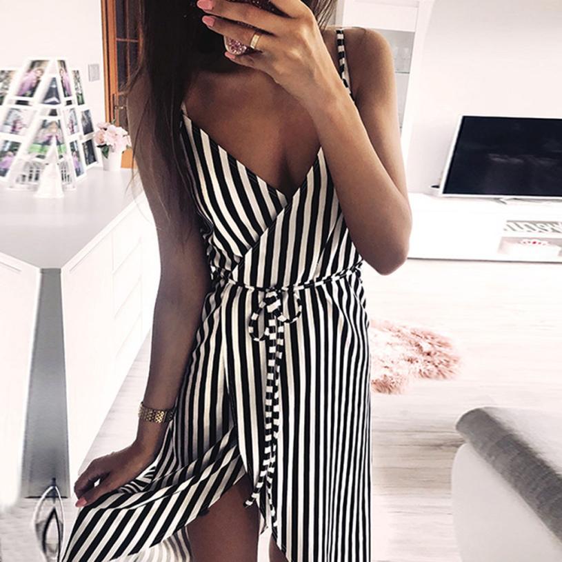 KANCOOLD dress Women Stripe Printing Sleeveless Off Shoulder Dress Evening Party Vest Empire Sashes dress women 2018AUG1