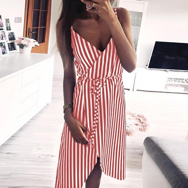 KANCOOLD dress Women Stripe Printing Sleeveless Off Shoulder Dress Evening Party Vest Empire Sashes dress women 2018AUG1