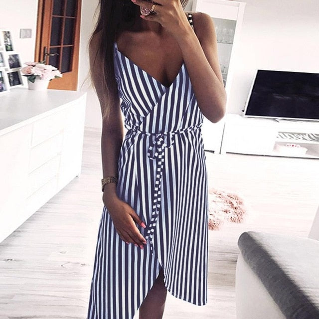 KANCOOLD dress Women Stripe Printing Sleeveless Off Shoulder Dress Evening Party Vest Empire Sashes dress women 2018AUG1