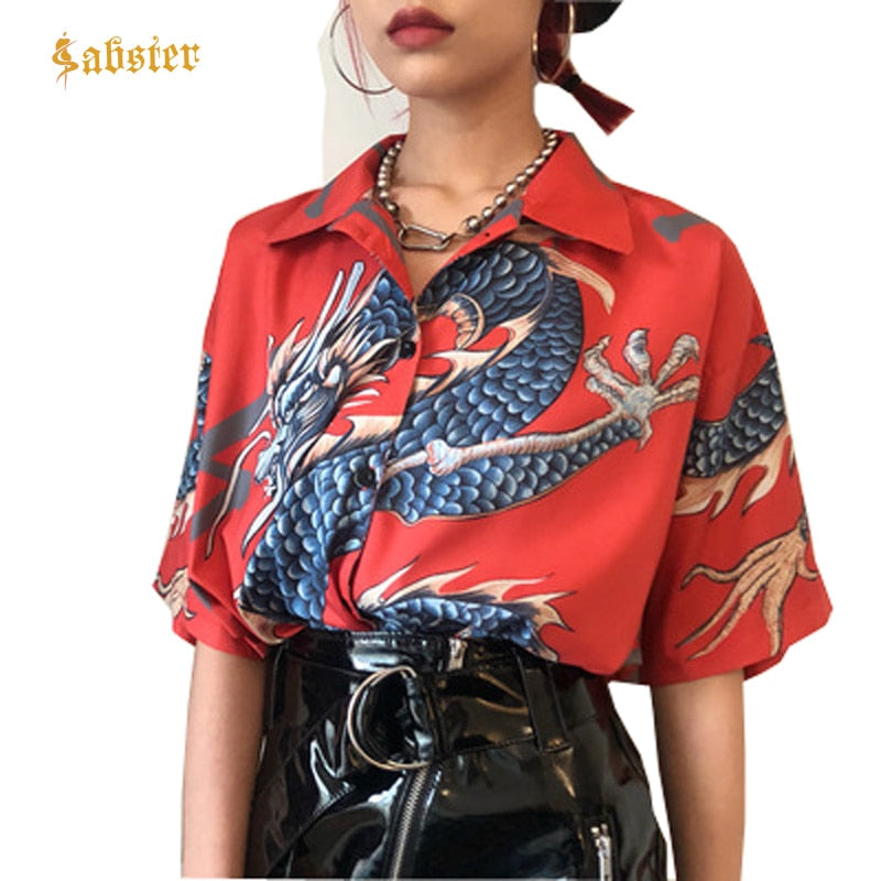 2018 verão mulheres topos harajuku blusa feminina dragão impressão blusas de manga curta camisas femininas streetwear kz022