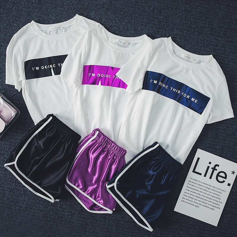 2019 New Womens Sets Two Piece Fashion Casual Plus Size Loose Tracksuit Letter Short-sleeve Tops Elastic Waist Shorts Suit women