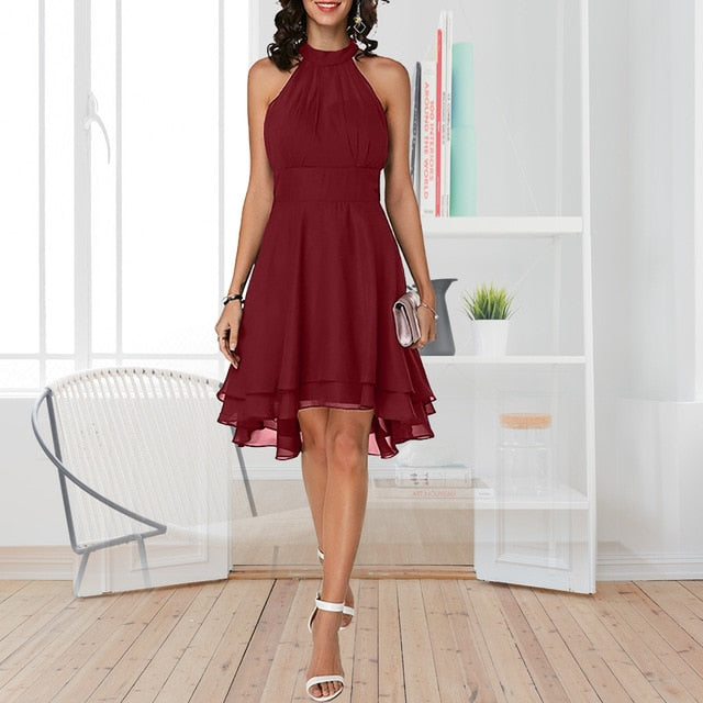 Plus Size Summer Dress 2019 Sexy High Waist Solid Color Cropped Layered Halter Sleeveless Chiffon Party Casual Slim Dress