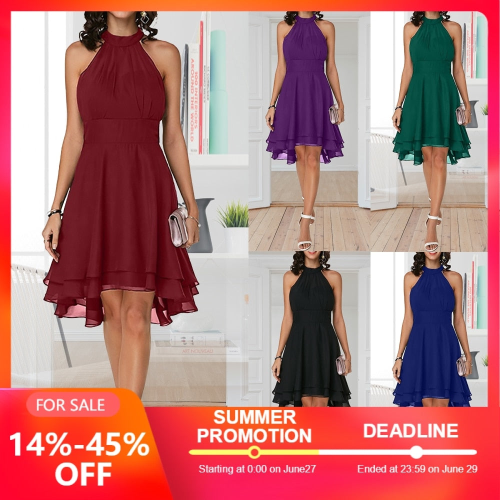 Plus Size Summer Dress 2019 Sexy High Waist Solid Color Cropped Layered Halter Sleeveless Chiffon Party Casual Slim Dress
