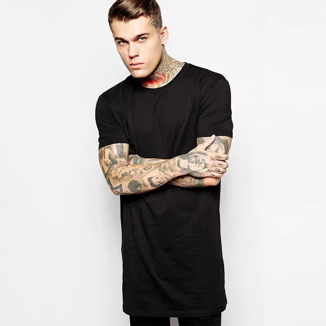 2015 White Casual Long Size Men Lining t shirt Hip hop Tops Street Wear t-shirt Solid Color Short Sleeve tshirt Free Shipping