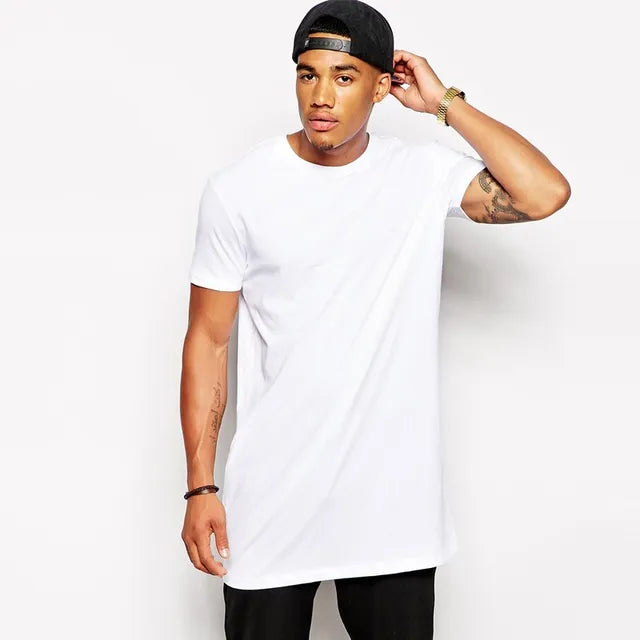 2015 White Casual Long Size Men Lining t shirt Hip hop Tops Street Wear t-shirt Solid Color Short Sleeve tshirt Free Shipping